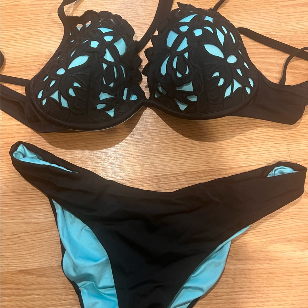 Two piece bathing suit. Black and blue
